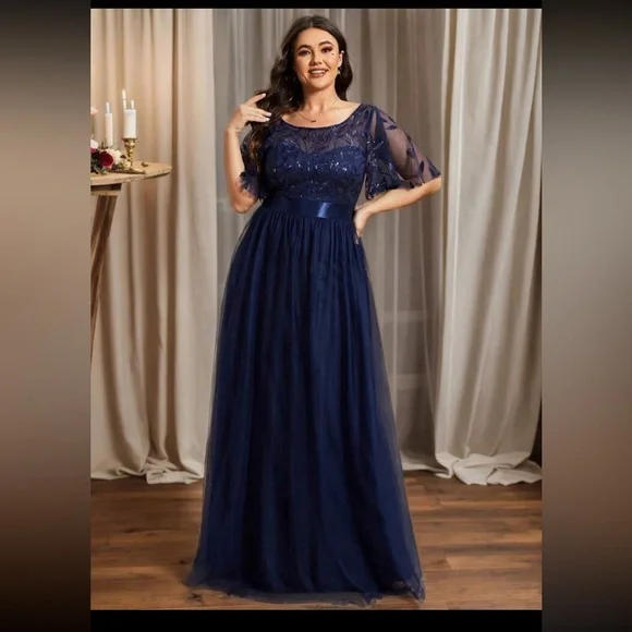 Ever Pretty | Dresses | Beautiful Gown With Mesh Bodice Sequin Leaf  Embroidery Top | Poshmark
